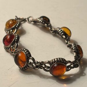 Vintage Sterling Silver and Baltic Amber Linked ornate bracelet 7.5”